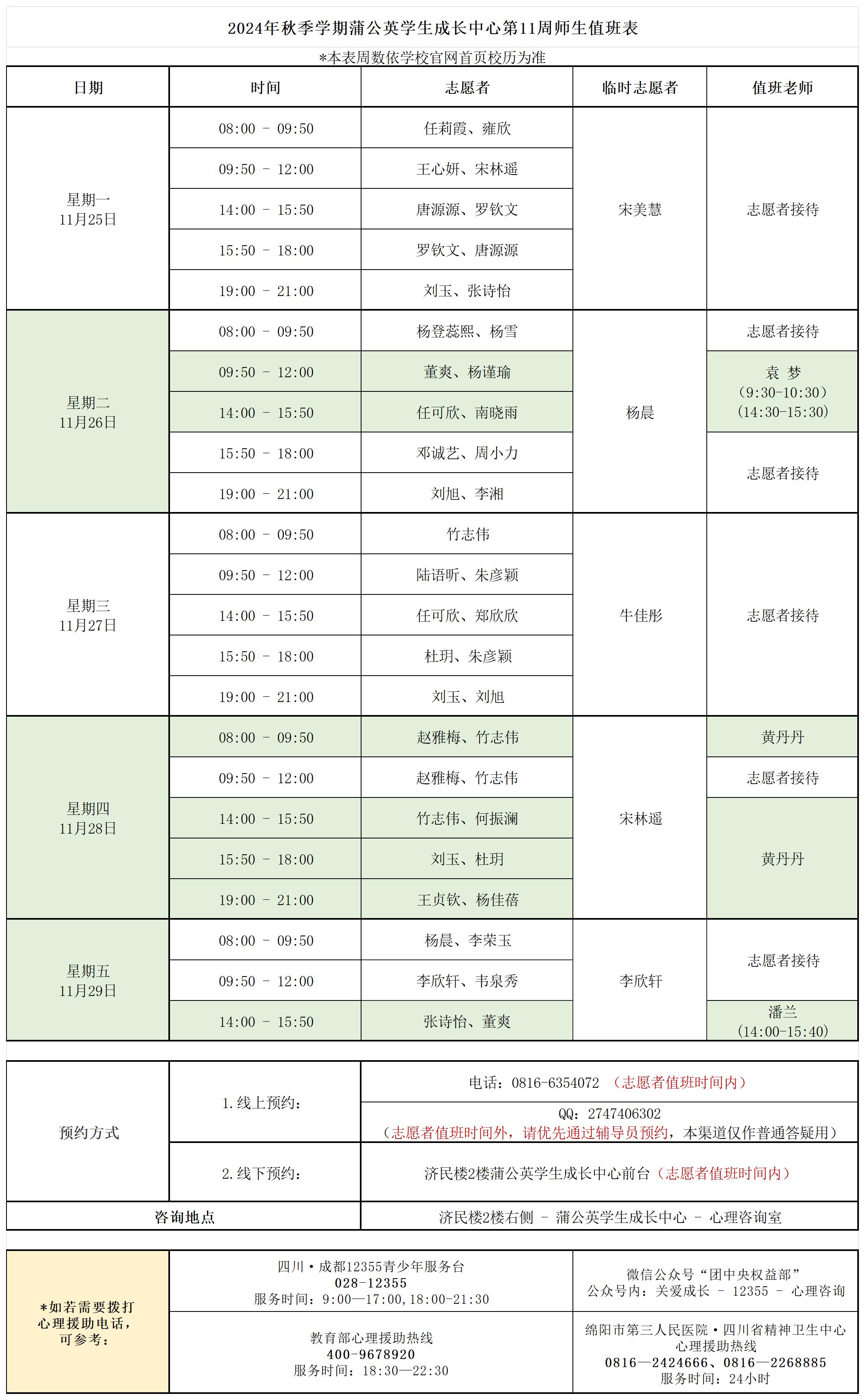 蒲公英学生成长中心2024年秋季学期第11周师生值班表_Sheet1.jpg